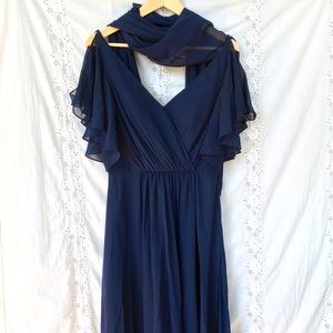 Long navy gown with chiffon scarf